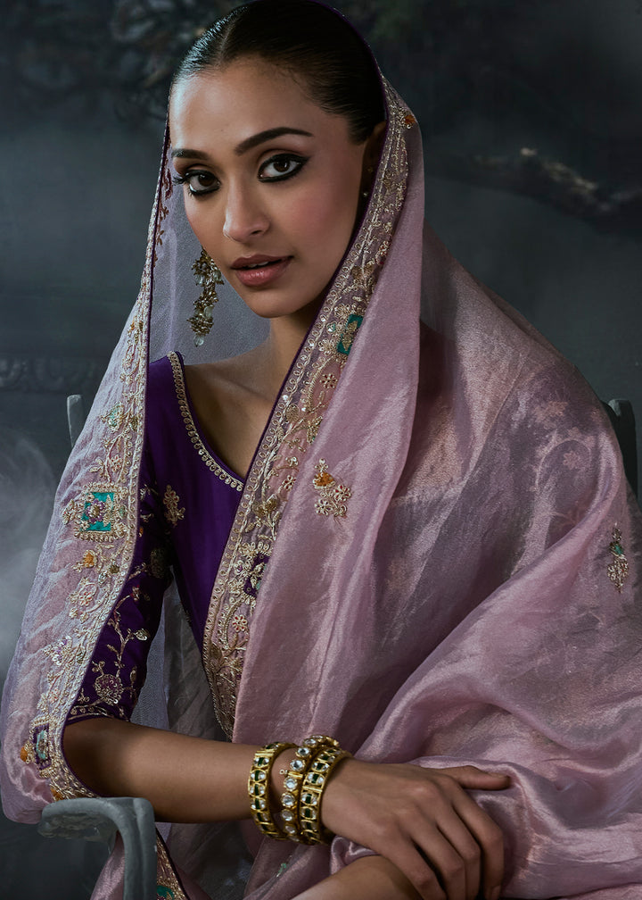 Lilac Purple Organza Saree with Threadwork &amp; Stone Accents