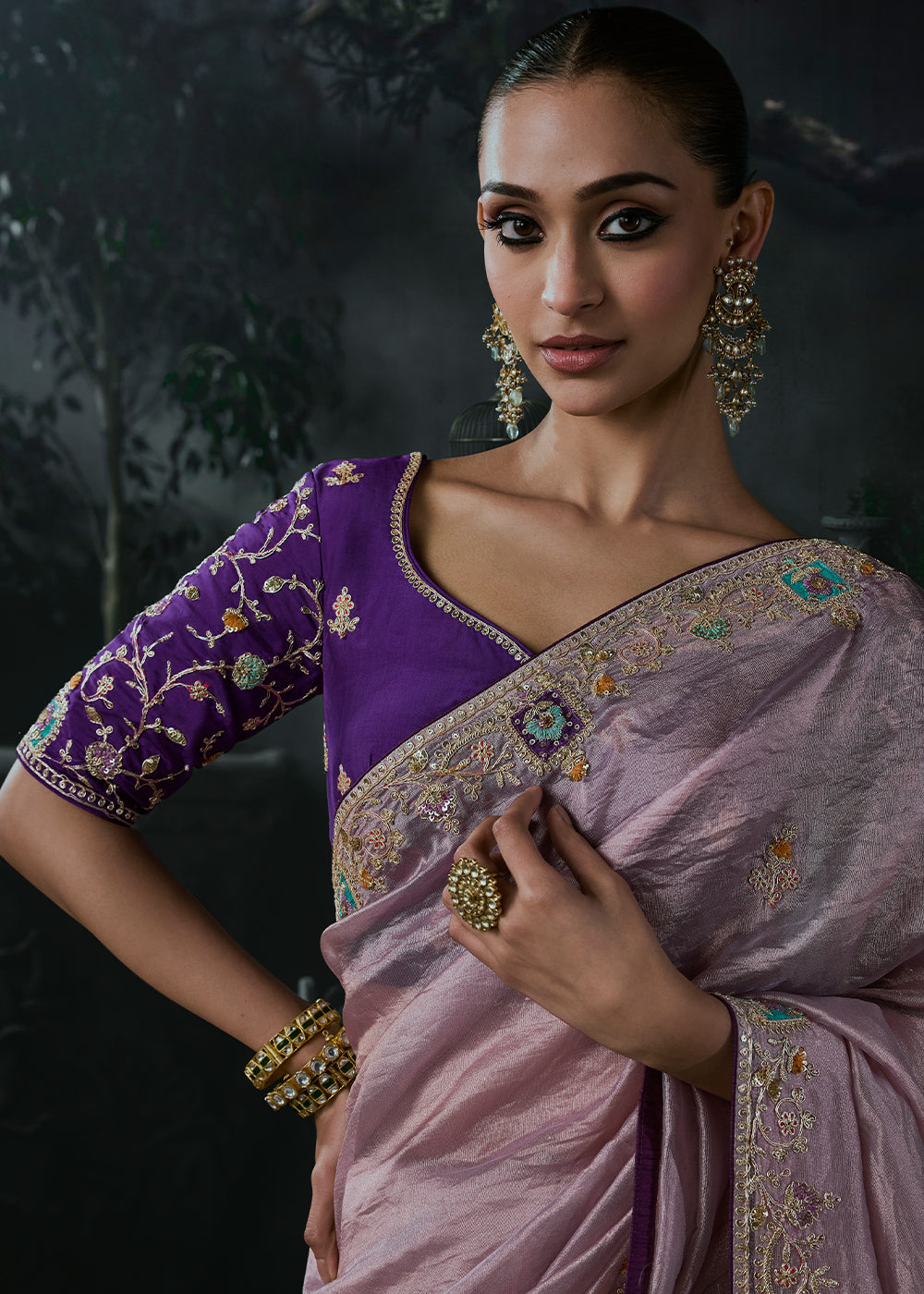Lilac Purple Organza Saree with Threadwork &amp; Stone Accents