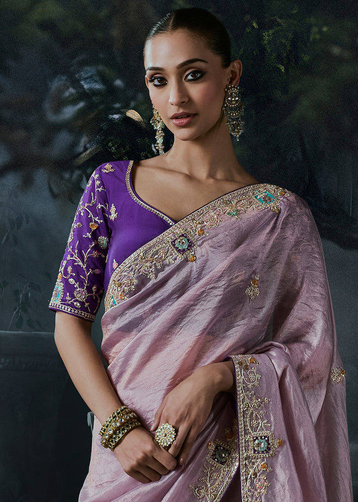 Lilac Purple Organza Saree with Threadwork &amp; Stone Accents