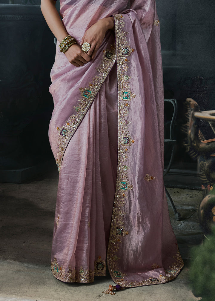 Lilac Purple Organza Saree with Threadwork &amp; Stone Accents
