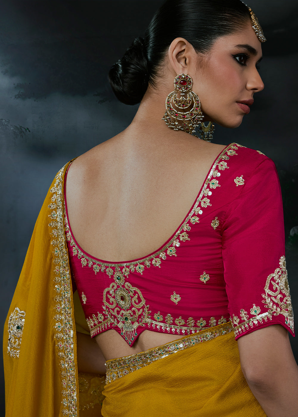 Mustard Yellow Tissue Silk Saree with Threadwork &amp; Stone Accents
