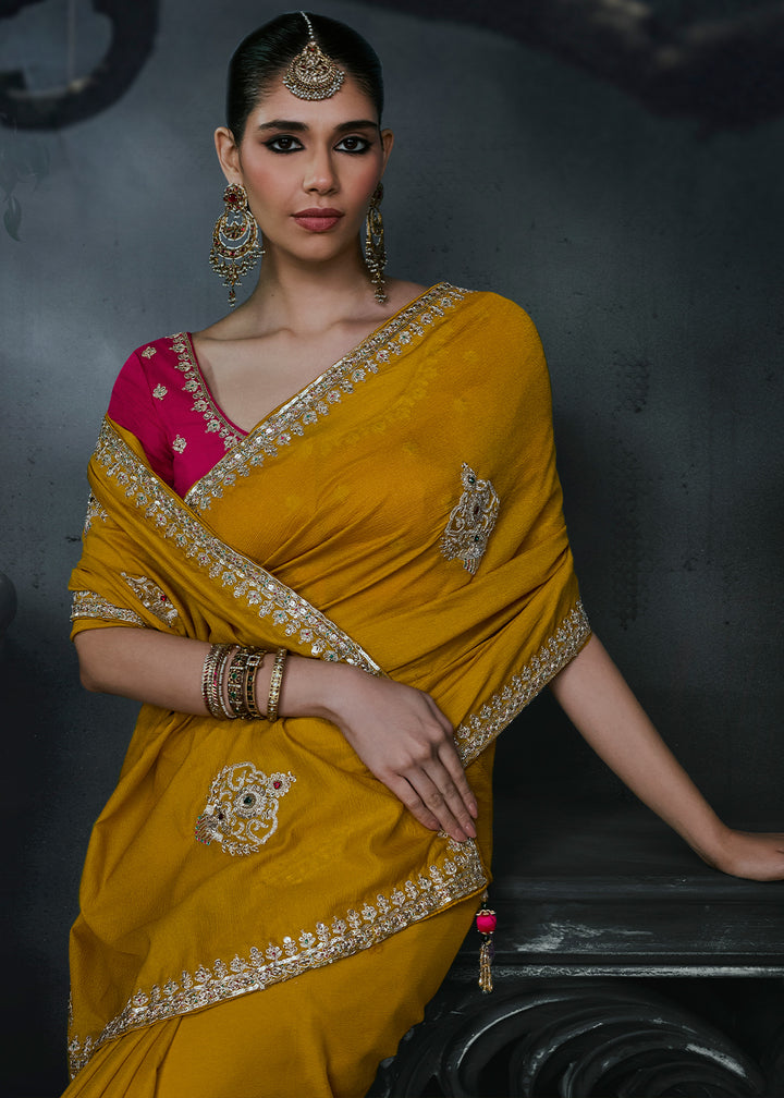 Mustard Yellow Tissue Silk Saree with Threadwork &amp; Stone Accents