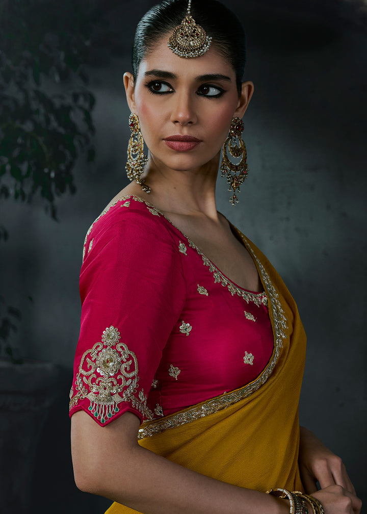 Mustard Yellow Tissue Silk Saree with Threadwork &amp; Stone Accents
