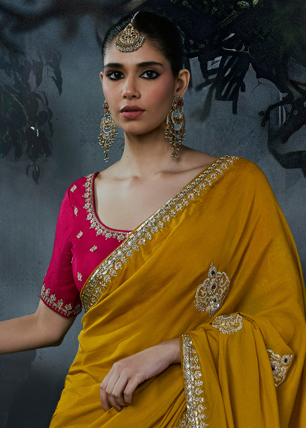 Mustard Yellow Tissue Silk Saree with Threadwork &amp; Stone Accents