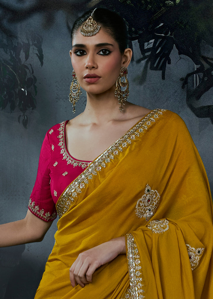 Mustard Yellow Tissue Silk Saree with Threadwork &amp; Stone Accents