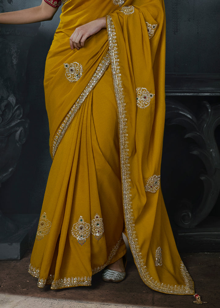 Mustard Yellow Tissue Silk Saree with Threadwork &amp; Stone Accents