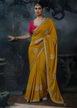 Mustard Yellow Tissue Silk Saree with Threadwork & Stone Accents