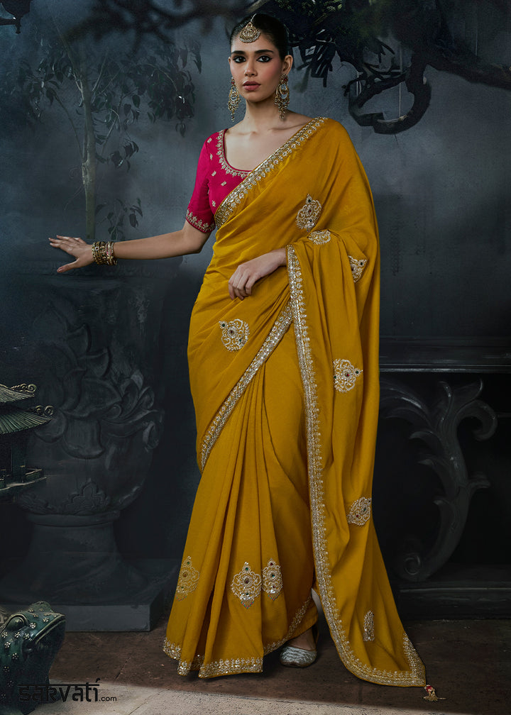 Mustard Yellow Tissue Silk Saree with Threadwork &amp; Stone Accents