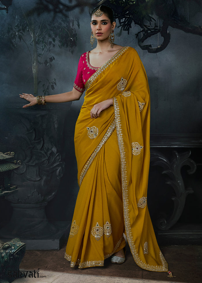 Mustard Yellow Tissue Silk Saree with Threadwork & Stone Accents