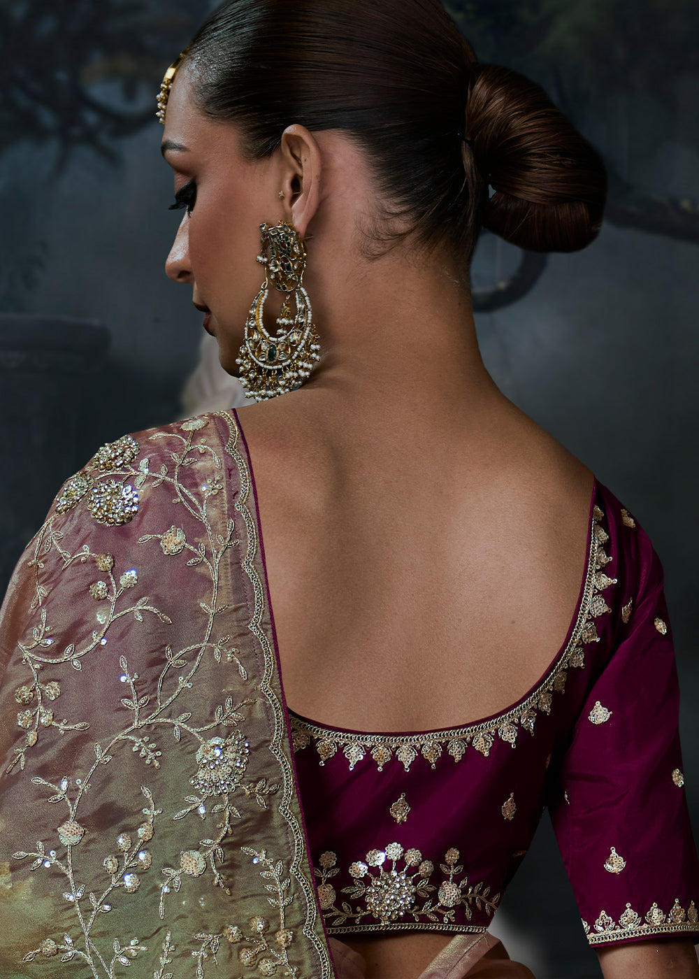 Pink & Green Tissue Silk Saree with Threadwork & Stone Accents