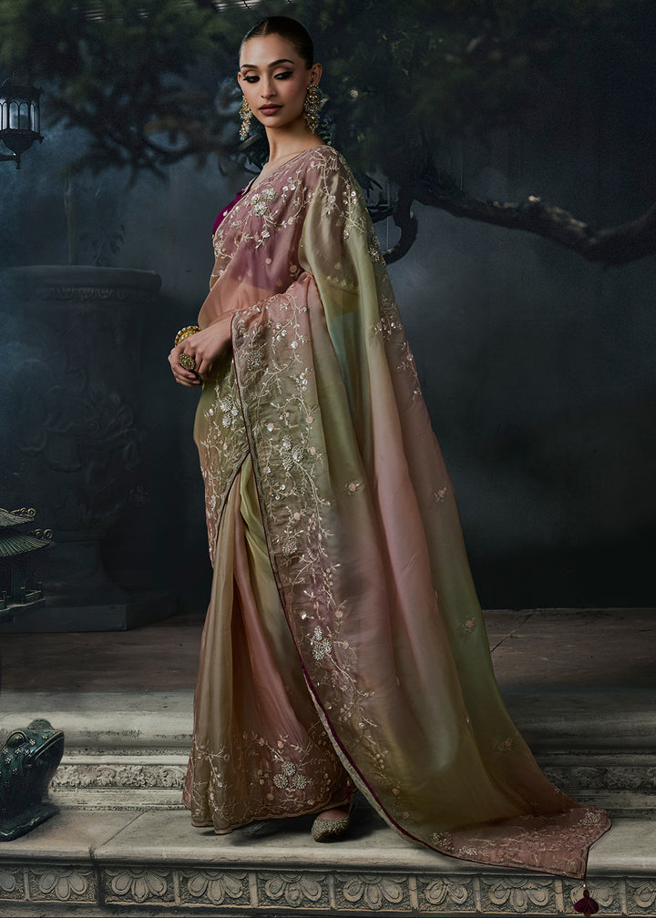 Pink &amp; Green Tissue Silk Saree with Threadwork &amp; Stone Accents
