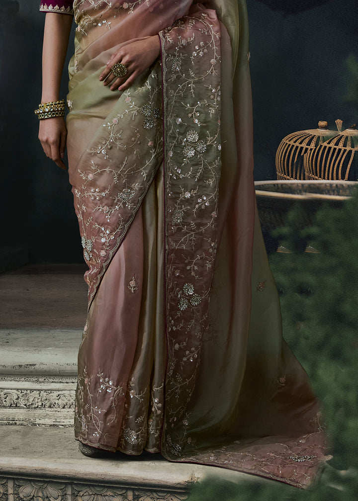 Pink &amp; Green Tissue Silk Saree with Threadwork &amp; Stone Accents