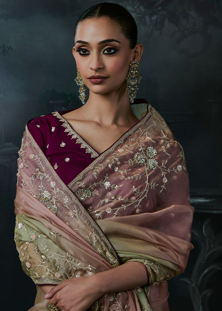 Pink &amp; Green Tissue Silk Saree with Threadwork &amp; Stone Accents