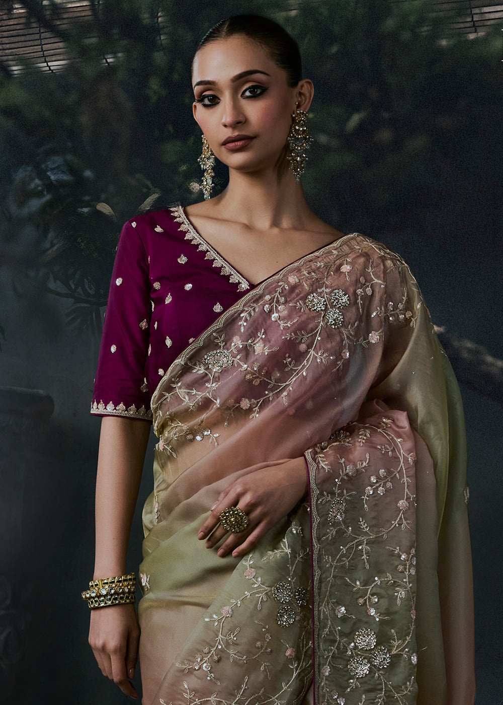 Pink &amp; Green Tissue Silk Saree with Threadwork &amp; Stone Accents
