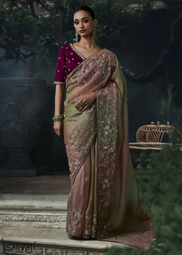 Pink & Green Tissue Silk Saree with Threadwork & Stone Accents