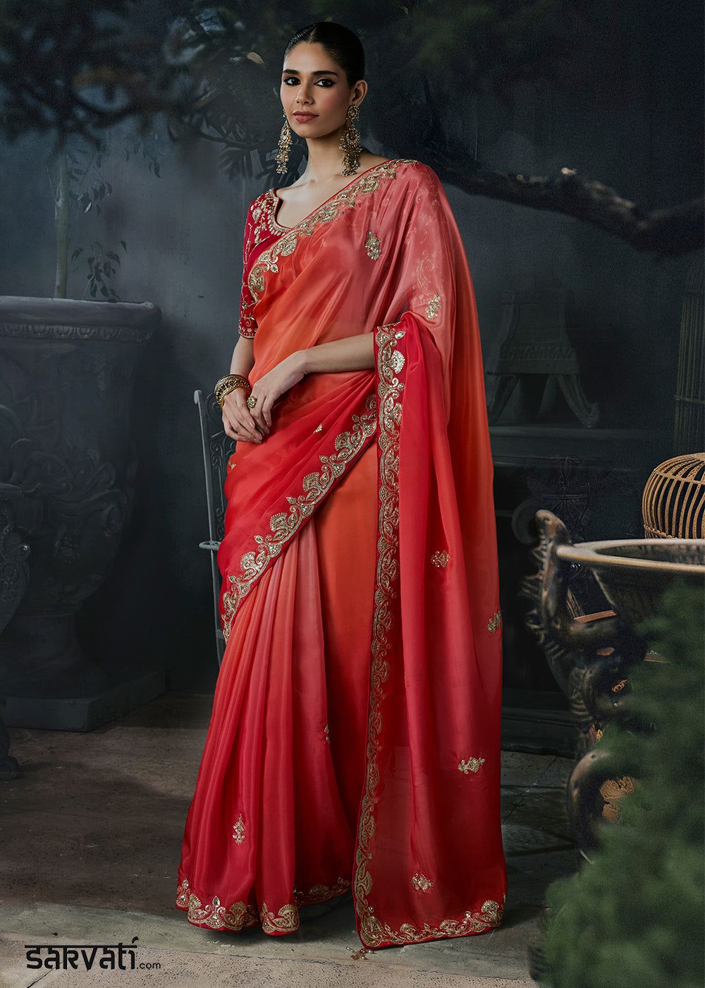 Shades of Red Tissue Silk Saree with Threadwork &amp; Stone Accents