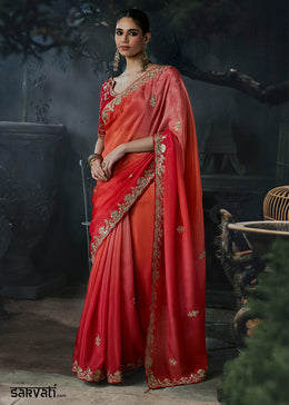 Shades of Red Tissue Silk Saree with Threadwork & Stone Accents