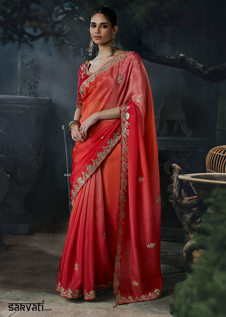 Shades of Red Tissue Silk Saree with Threadwork &amp; Stone Accents