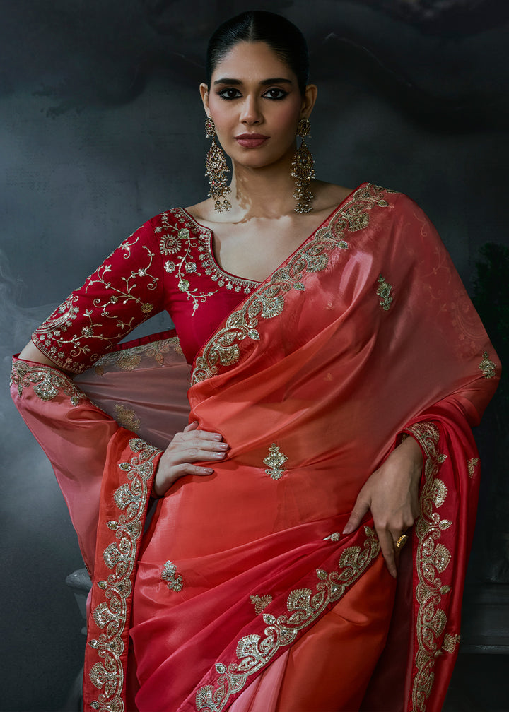 Shades of Red Tissue Silk Saree with Threadwork &amp; Stone Accents