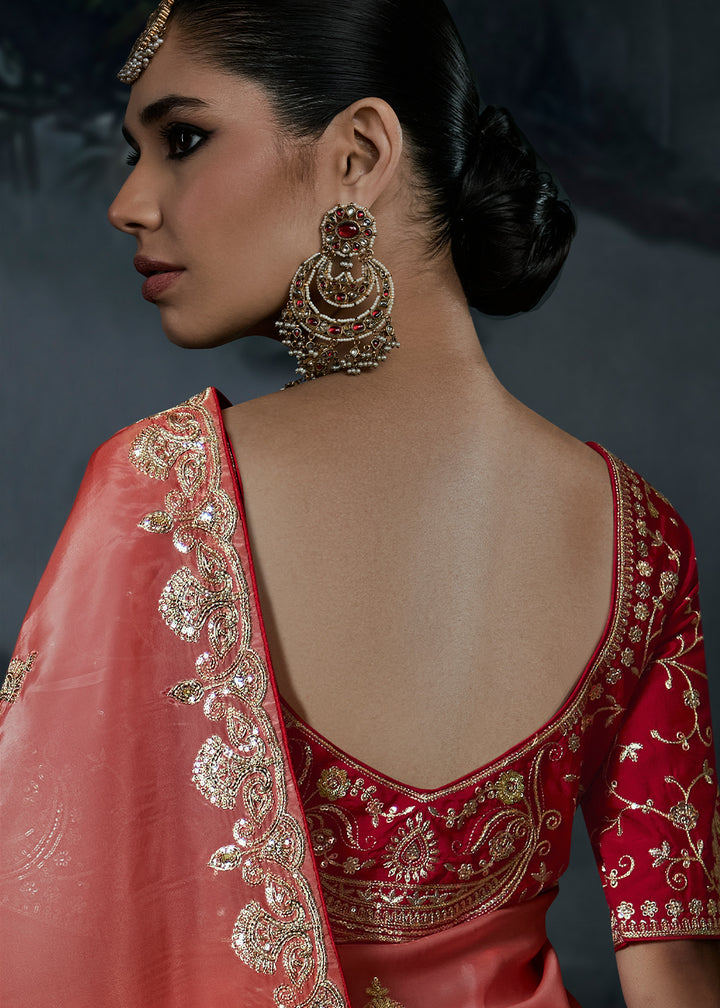 Shades of Red Tissue Silk Saree with Threadwork &amp; Stone Accents