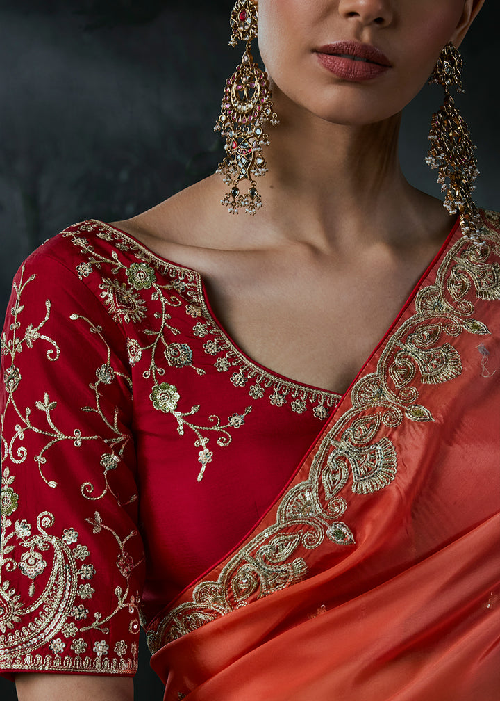Shades of Red Tissue Silk Saree with Threadwork &amp; Stone Accents