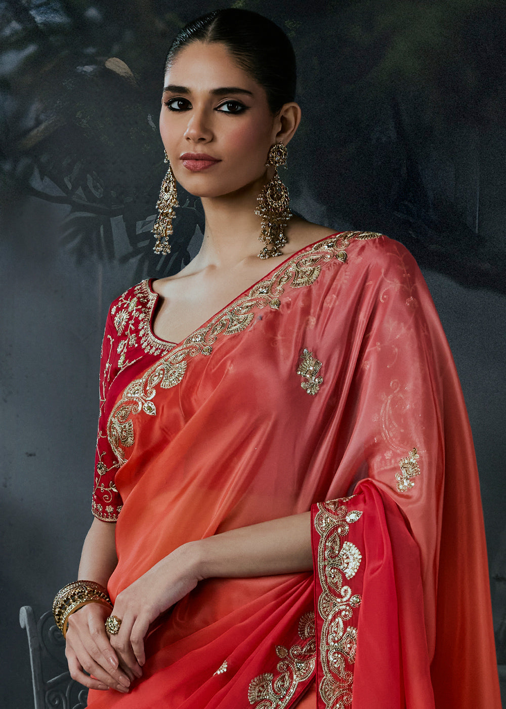 Shades of Red Tissue Silk Saree with Threadwork &amp; Stone Accents