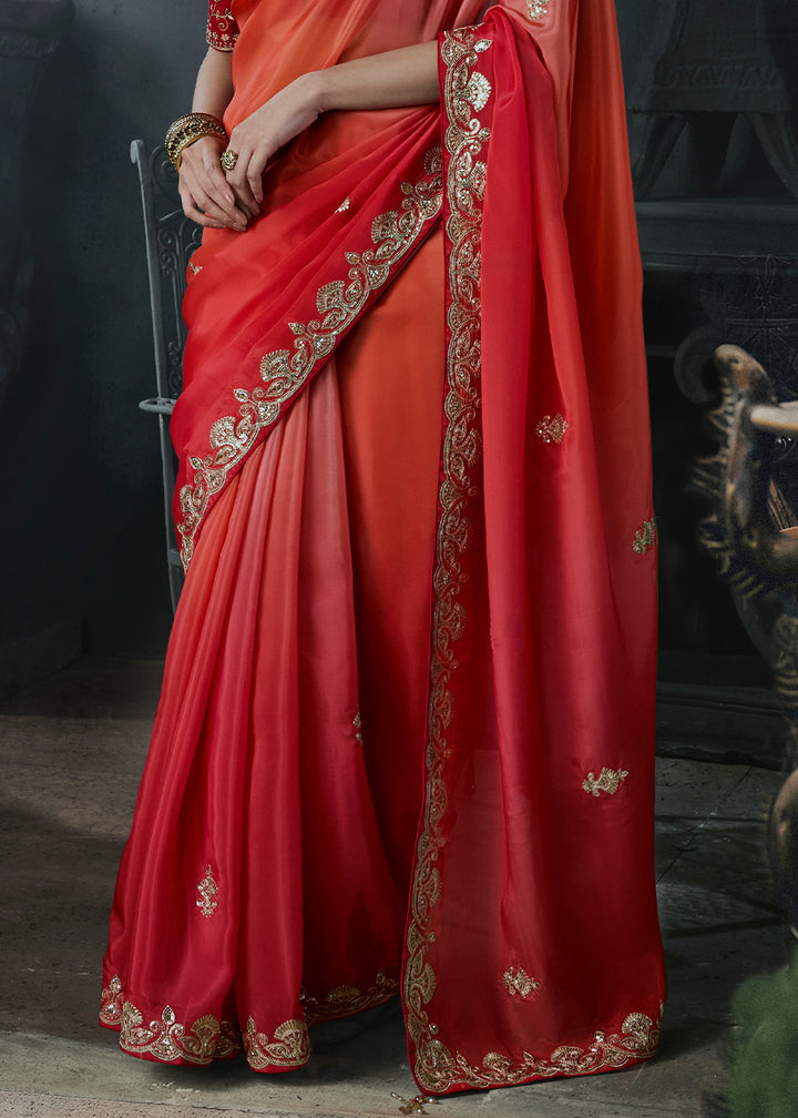 Shades of Red Tissue Silk Saree with Threadwork &amp; Stone Accents