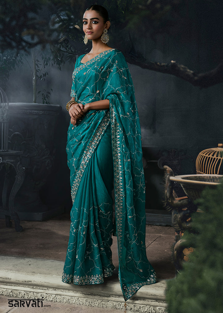 Teal Blue Tissue Silk Saree with Threadwork &amp; Stone Accents