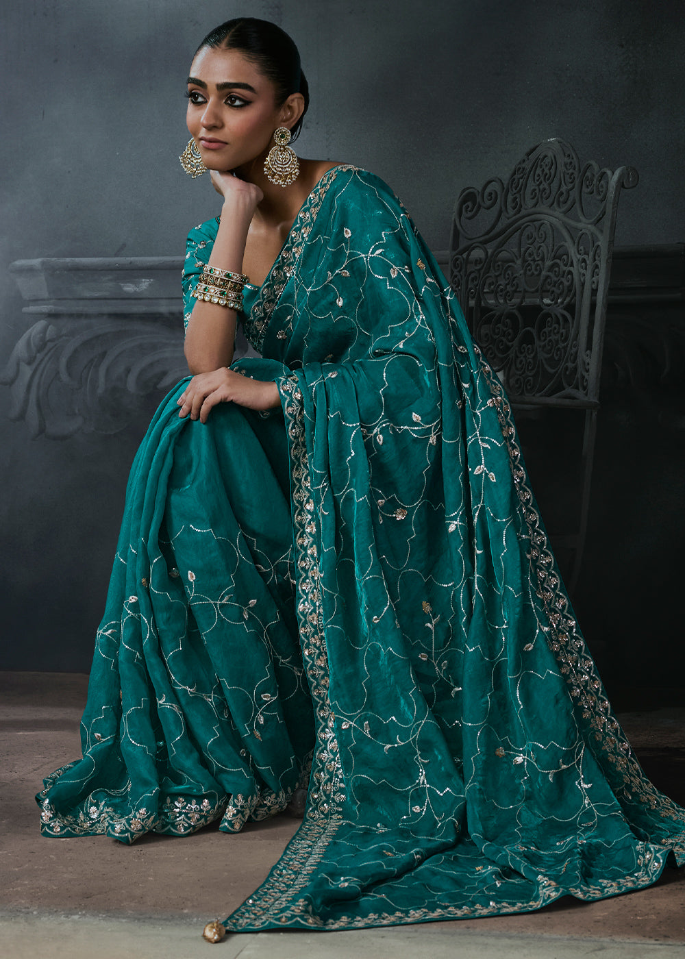 Teal Blue Tissue Silk Saree with Threadwork &amp; Stone Accents