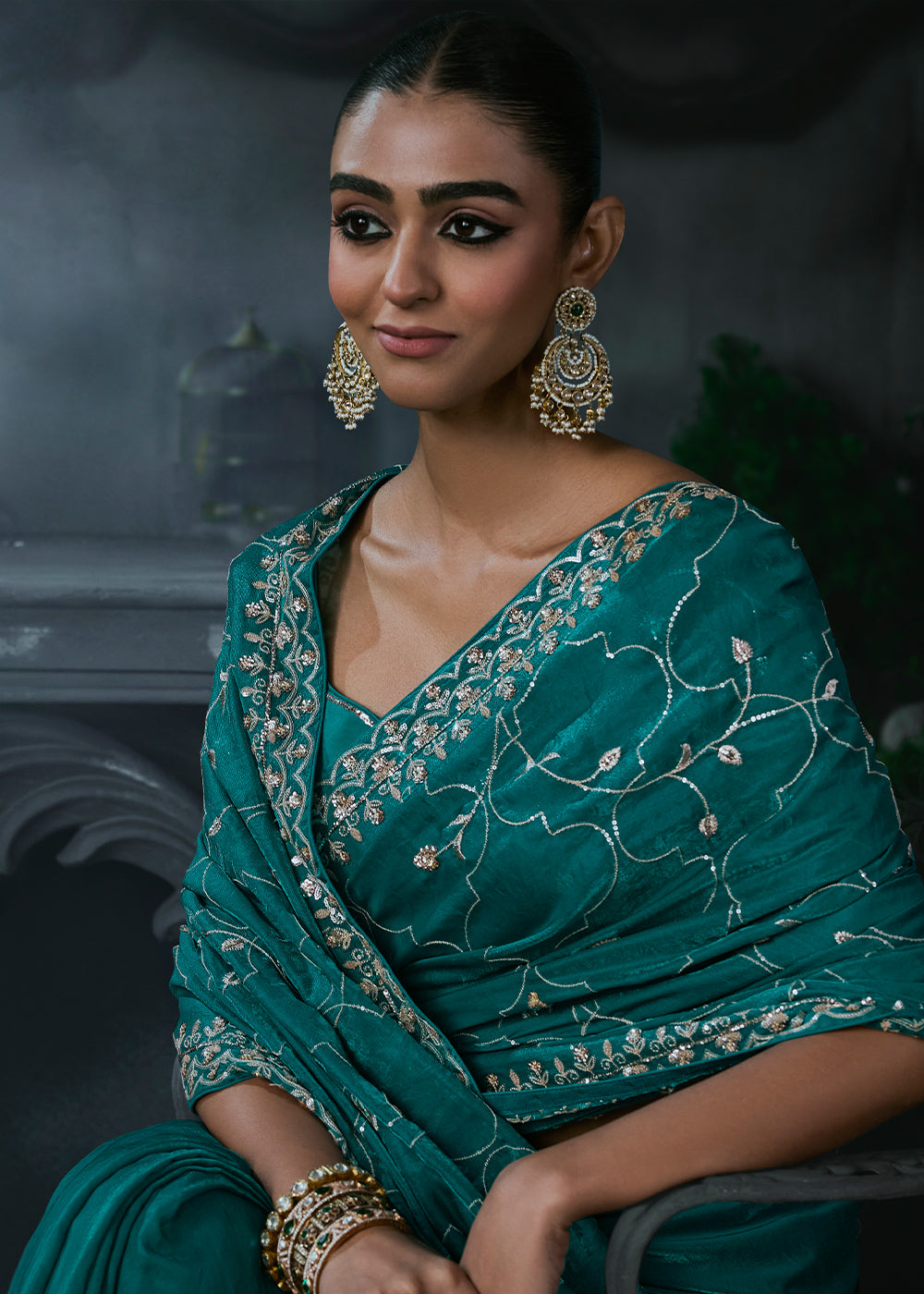 Teal Blue Tissue Silk Saree with Threadwork &amp; Stone Accents