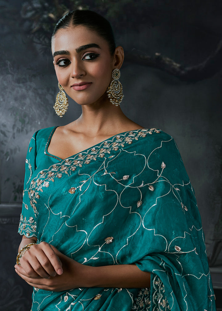 Teal Blue Tissue Silk Saree with Threadwork &amp; Stone Accents
