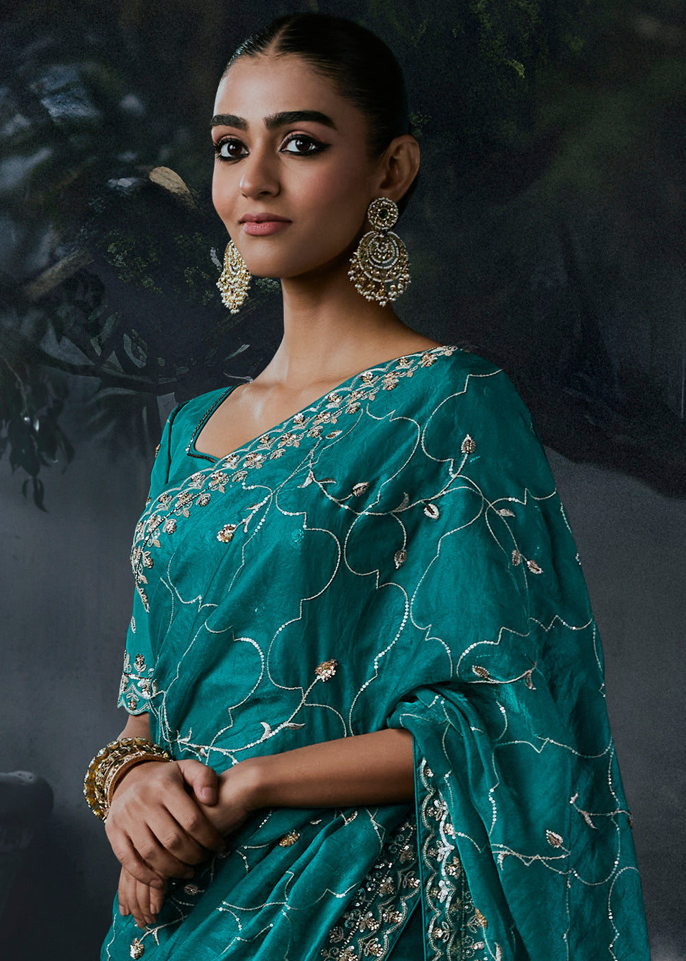 Teal Blue Tissue Silk Saree with Threadwork &amp; Stone Accents