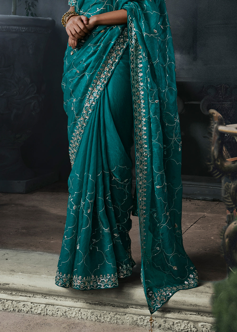 Teal Blue Tissue Silk Saree with Threadwork &amp; Stone Accents