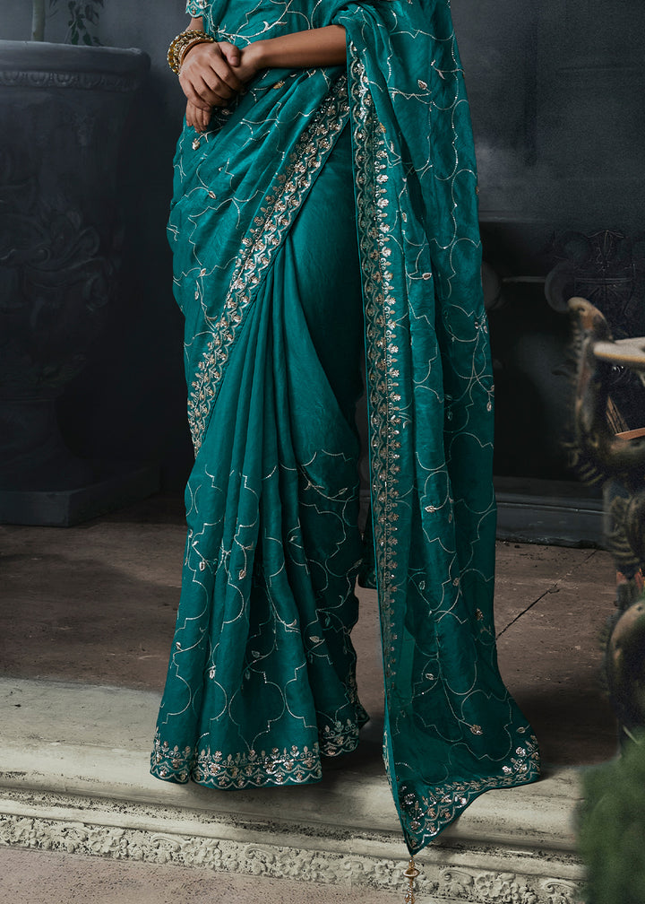 Teal Blue Tissue Silk Saree with Threadwork &amp; Stone Accents