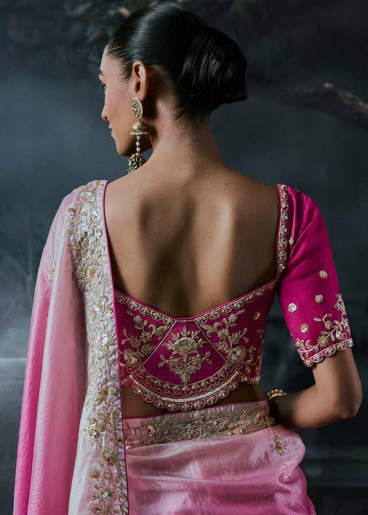 Shades of Pink Organza Saree with Threadwork &amp; Stone Accents