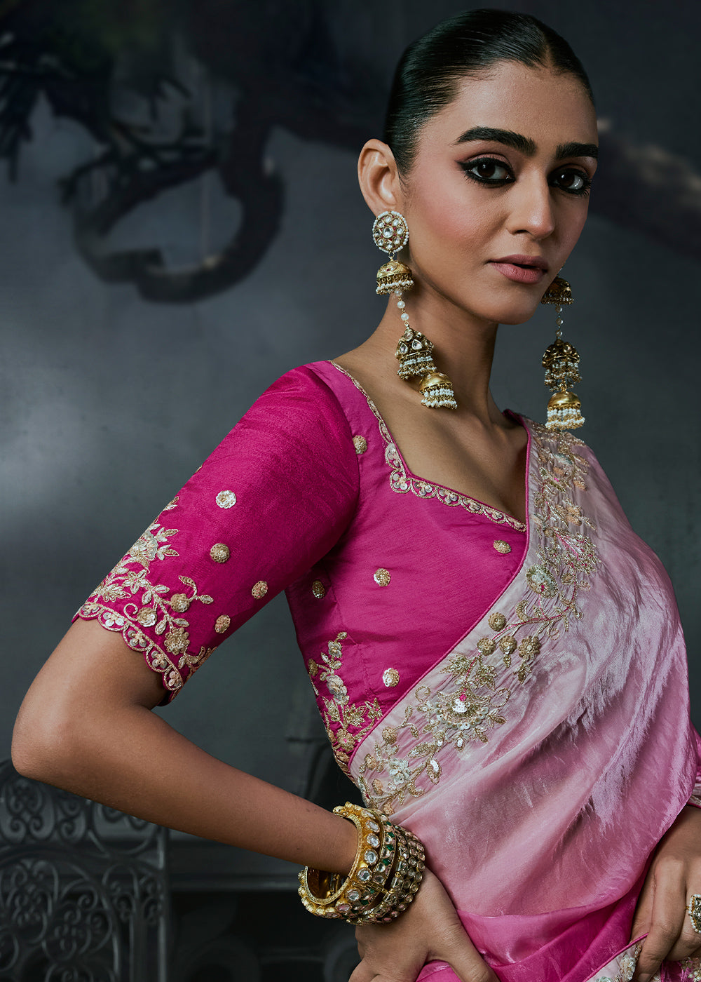 Shades of Pink Organza Saree with Threadwork &amp; Stone Accents