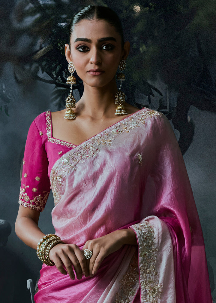 Shades of Pink Organza Saree with Threadwork &amp; Stone Accents