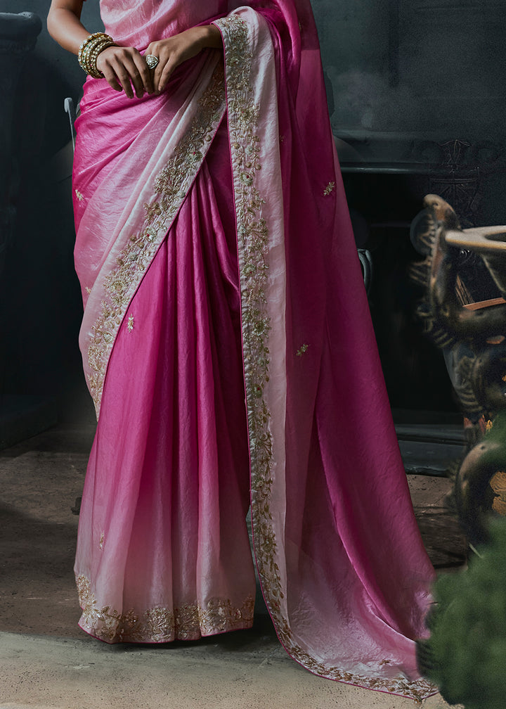 Shades of Pink Organza Saree with Threadwork &amp; Stone Accents