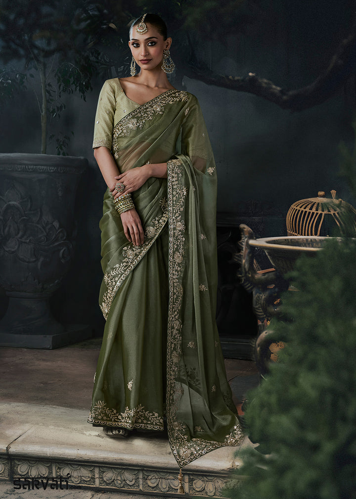 Dark Moss Green Organza Saree with Threadwork &amp; Stone Accents