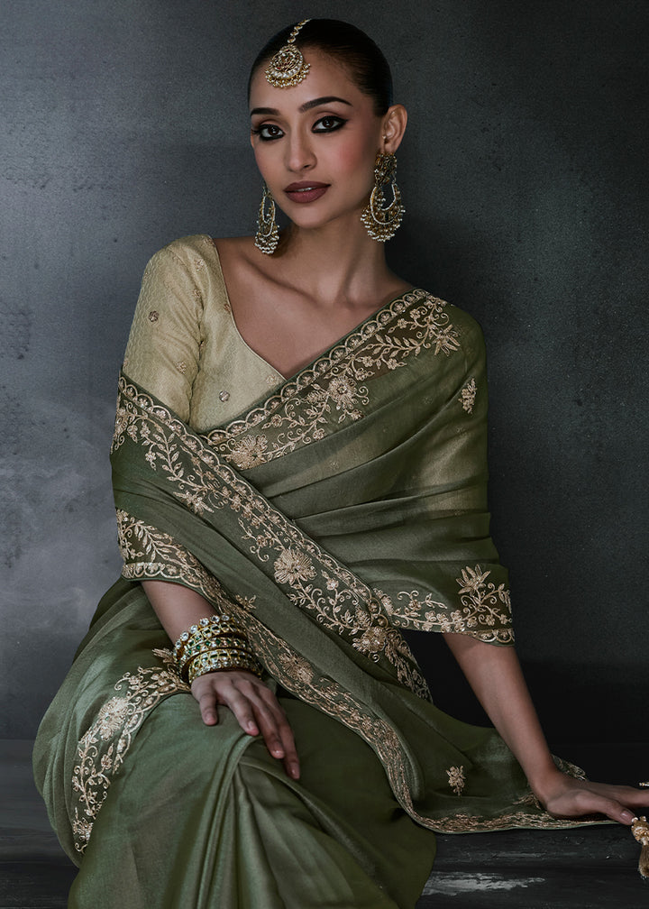 Dark Moss Green Organza Saree with Threadwork &amp; Stone Accents