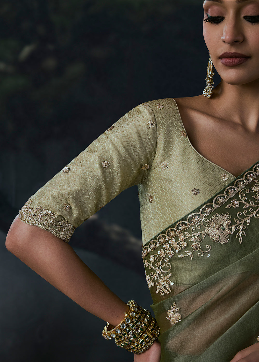 Dark Moss Green Organza Saree with Threadwork &amp; Stone Accents