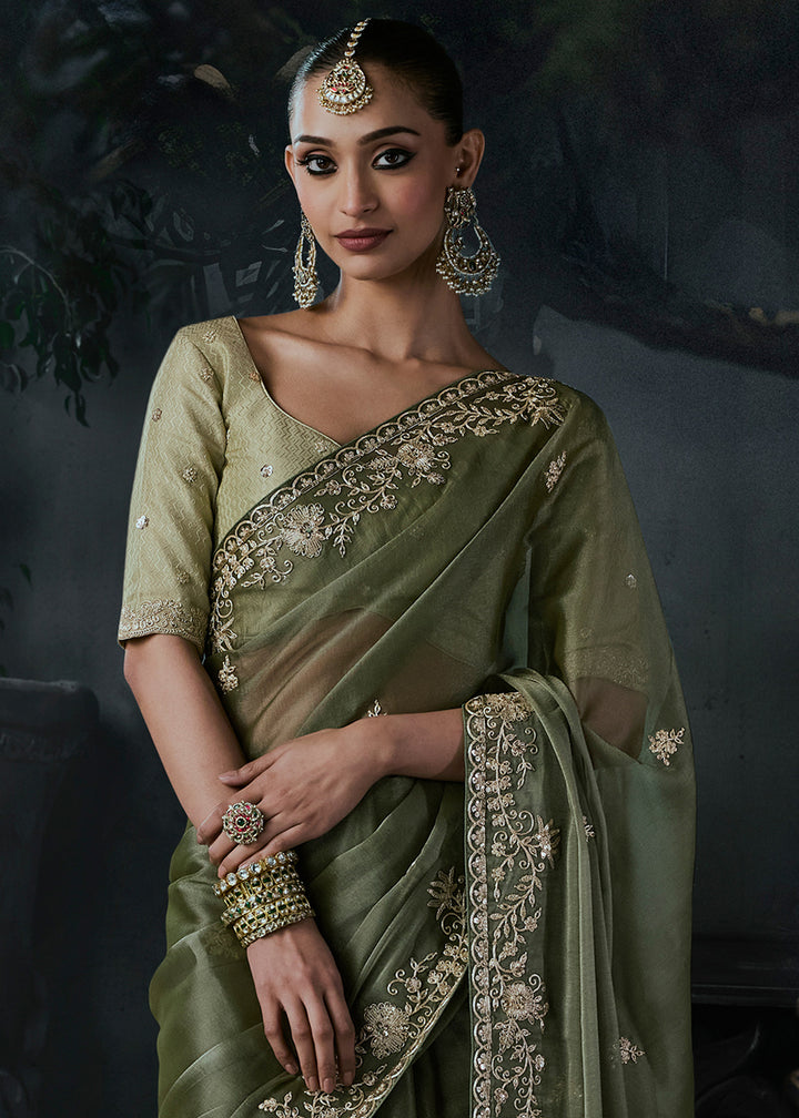 Dark Moss Green Organza Saree with Threadwork &amp; Stone Accents