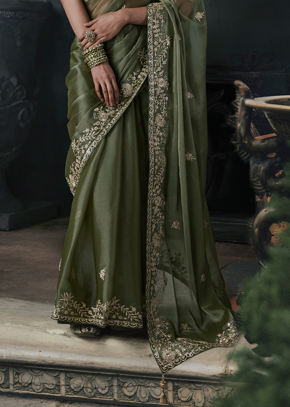 Dark Moss Green Organza Saree with Threadwork &amp; Stone Accents