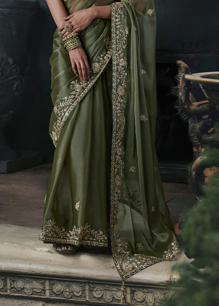 Dark Moss Green Organza Saree with Threadwork &amp; Stone Accents