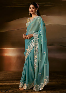 Aqua Blue Organza Saree with Sequin Embellishments, Zari, Gota Patti and Aari Work