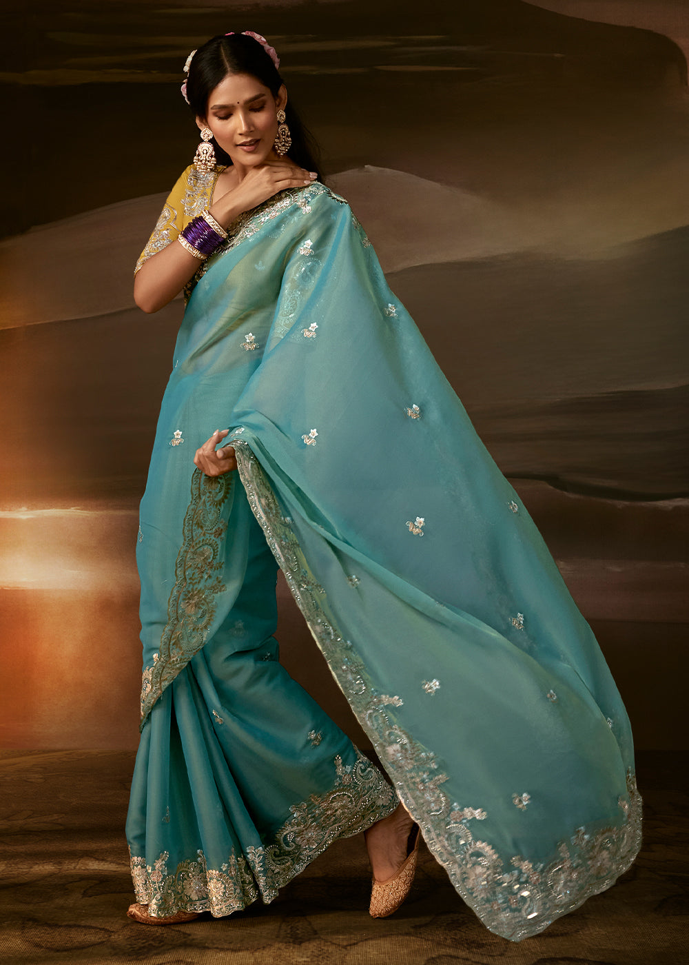 Aqua Blue Organza Saree with Sequin Embellishments, Zari, Gota Patti and Aari Work