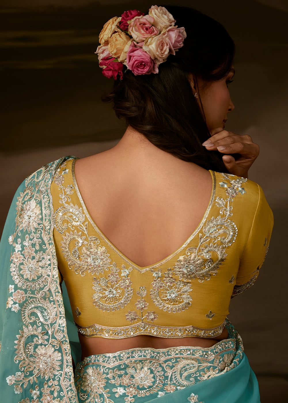 Aqua Blue Organza Saree with Sequin Embellishments, Zari, Gota Patti and Aari Work