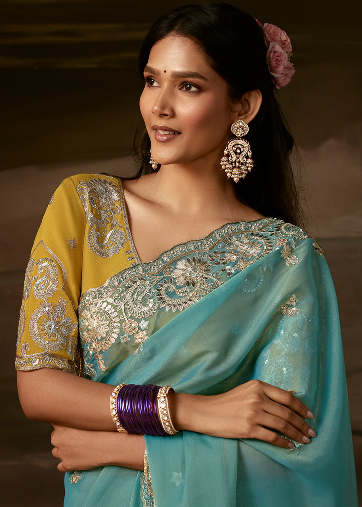 Aqua Blue Organza Saree with Sequin Embellishments, Zari, Gota Patti and Aari Work