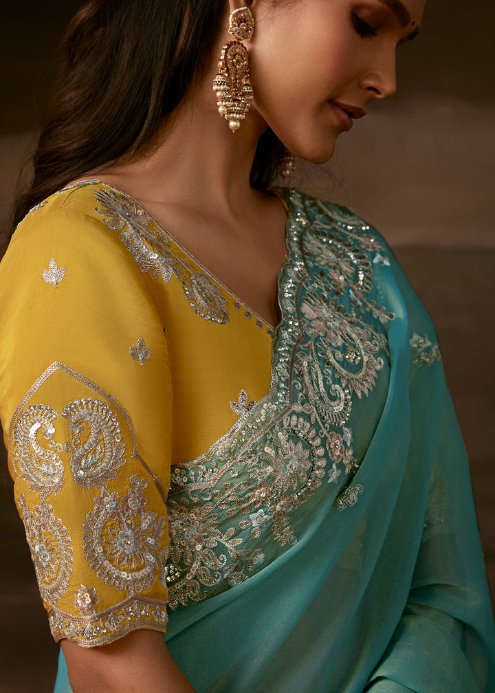 Aqua Blue Organza Saree with Sequin Embellishments, Zari, Gota Patti and Aari Work