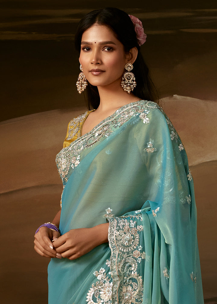 Aqua Blue Organza Saree with Sequin Embellishments, Zari, Gota Patti and Aari Work
